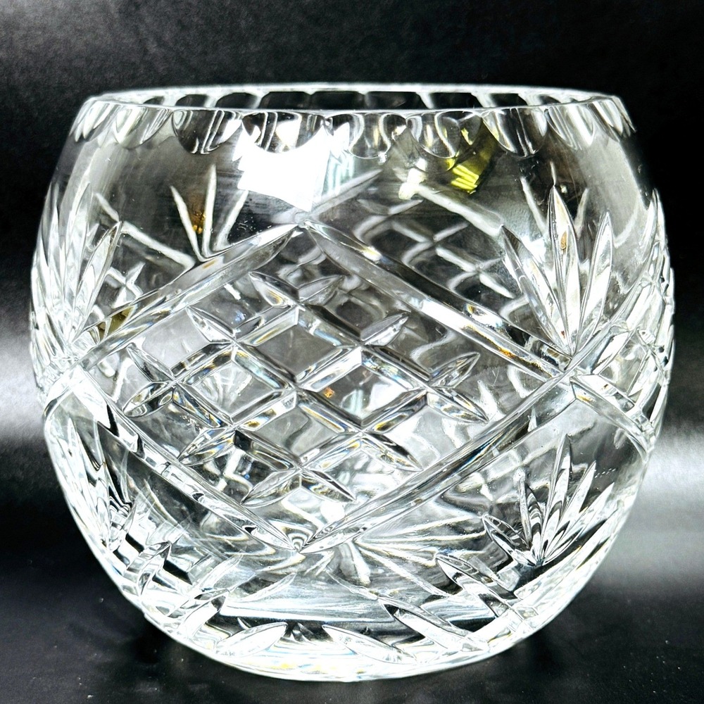 Vintage Hand Cut Lead Crystal Rose Bowl Orb Vase Fan Crosshatch Scalloped Rim